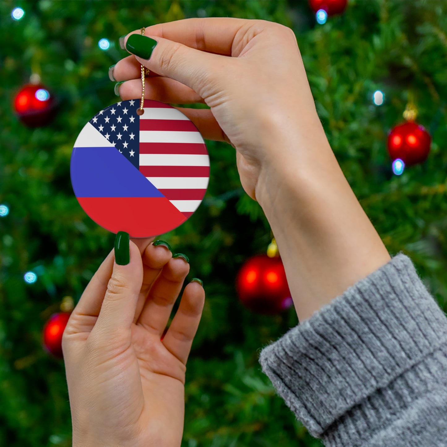 Russian American Flag Half Russia USA Ceramic Ornament | Christmas Tree Ornaments