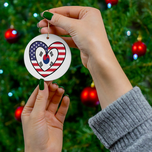 South Korean American Heart Valentines Day Gift Half Korea USA Flag Ceramic Ornament | Christmas Tree Ornaments