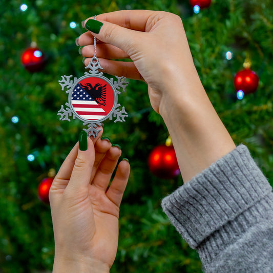 Albanian American Flag Albania USA Pewter Snowflake Ornament