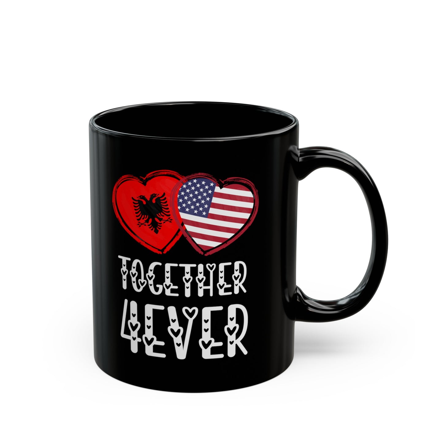 Albanian American Valentines Gift Flag Heart Albania USA Together 4ever Black Mug (11oz, 15oz)