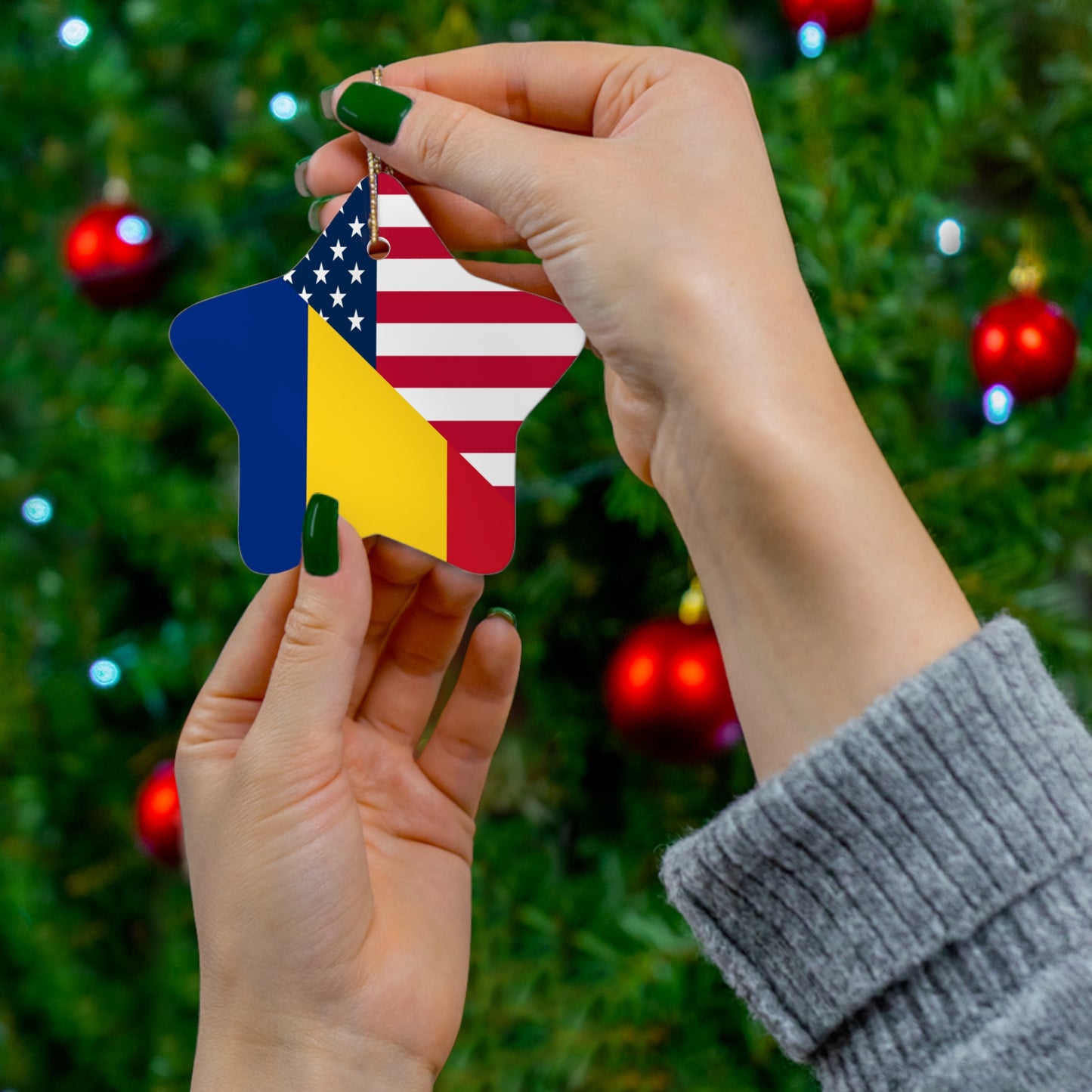 Romania American Flag Half Romanian USA Ceramic Ornament | Christmas Tree Ornaments