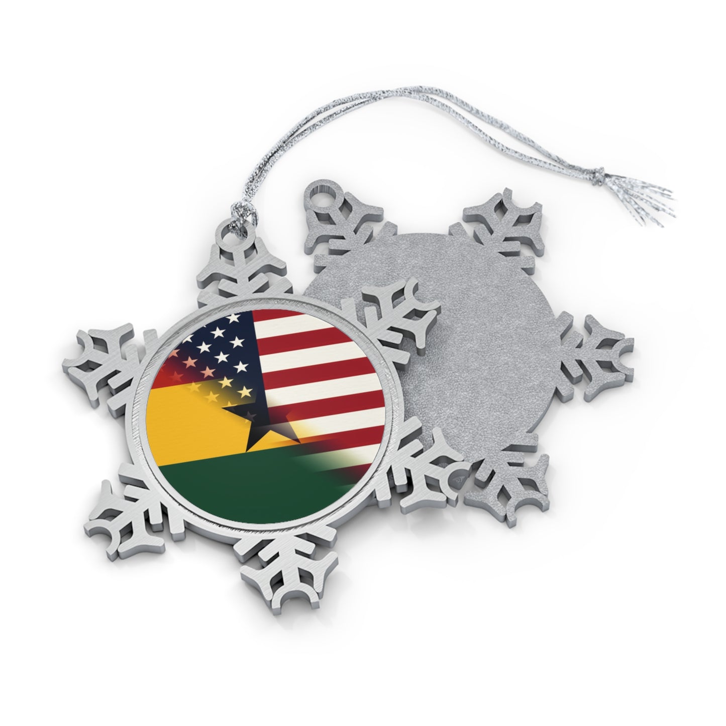 Ghana America Flag | Half Ghanaian Pewter Snowflake Ornament