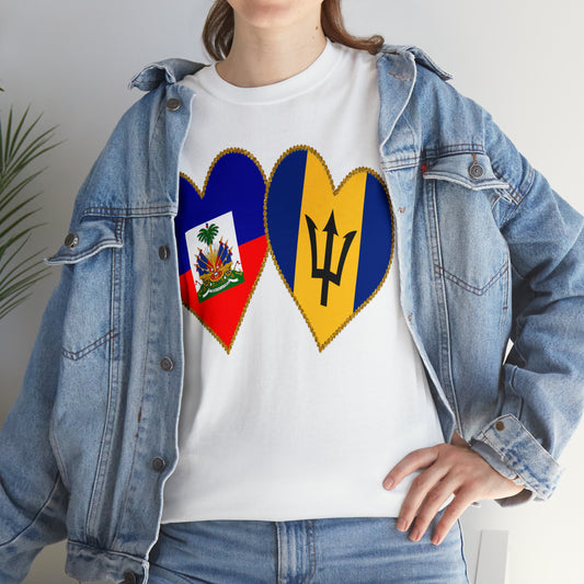 Haitian Bajan Hearts Flag Half Haiti Barbados T-Shirt | Unisex Tee Shirt