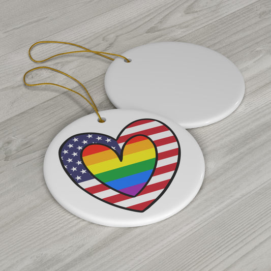 Rainbow American Flag Heart Pride Parade Ceramic Ornament | Christmas Tree Ornaments