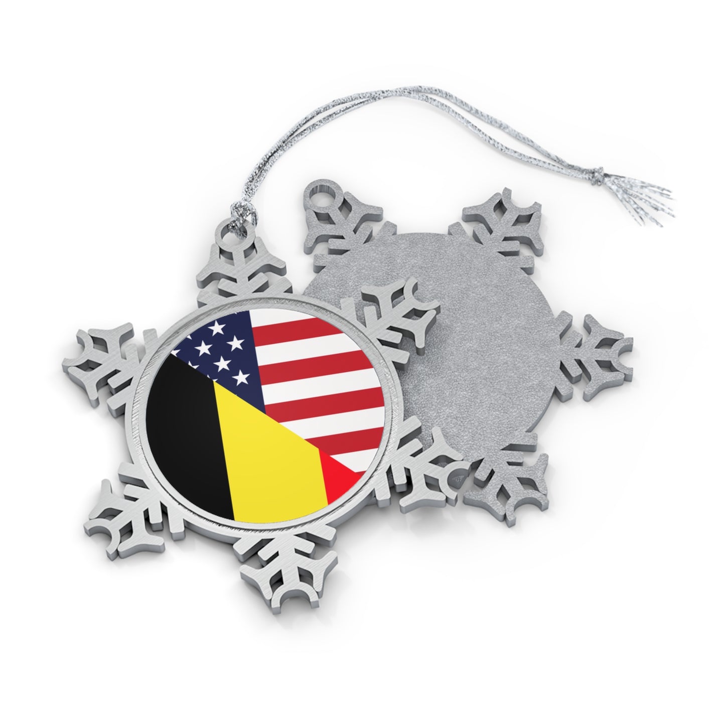 Belgium American Flag Belgian USA Pewter Snowflake Ornament