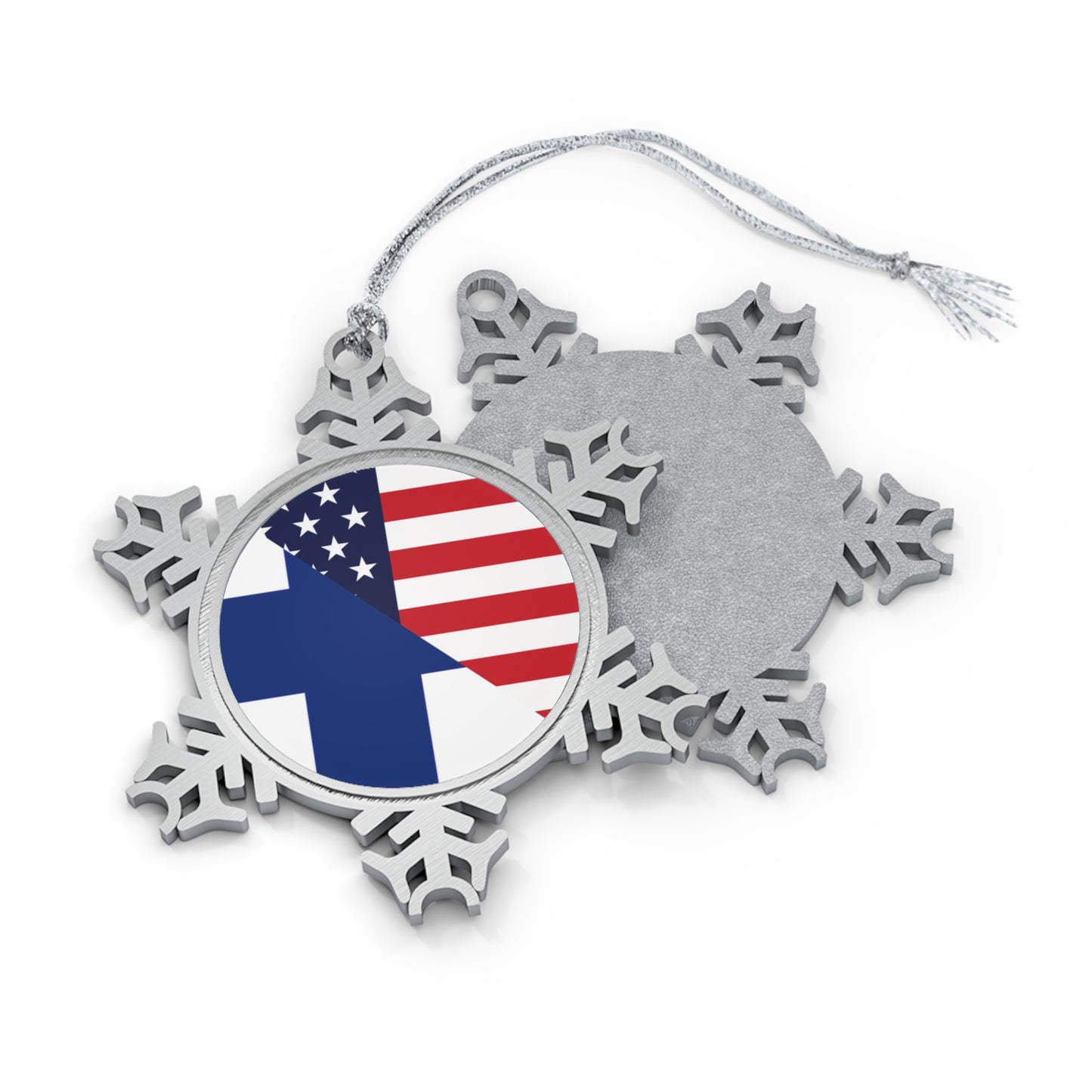 Finnish American Flag Finland USA Pewter Snowflake Ornament