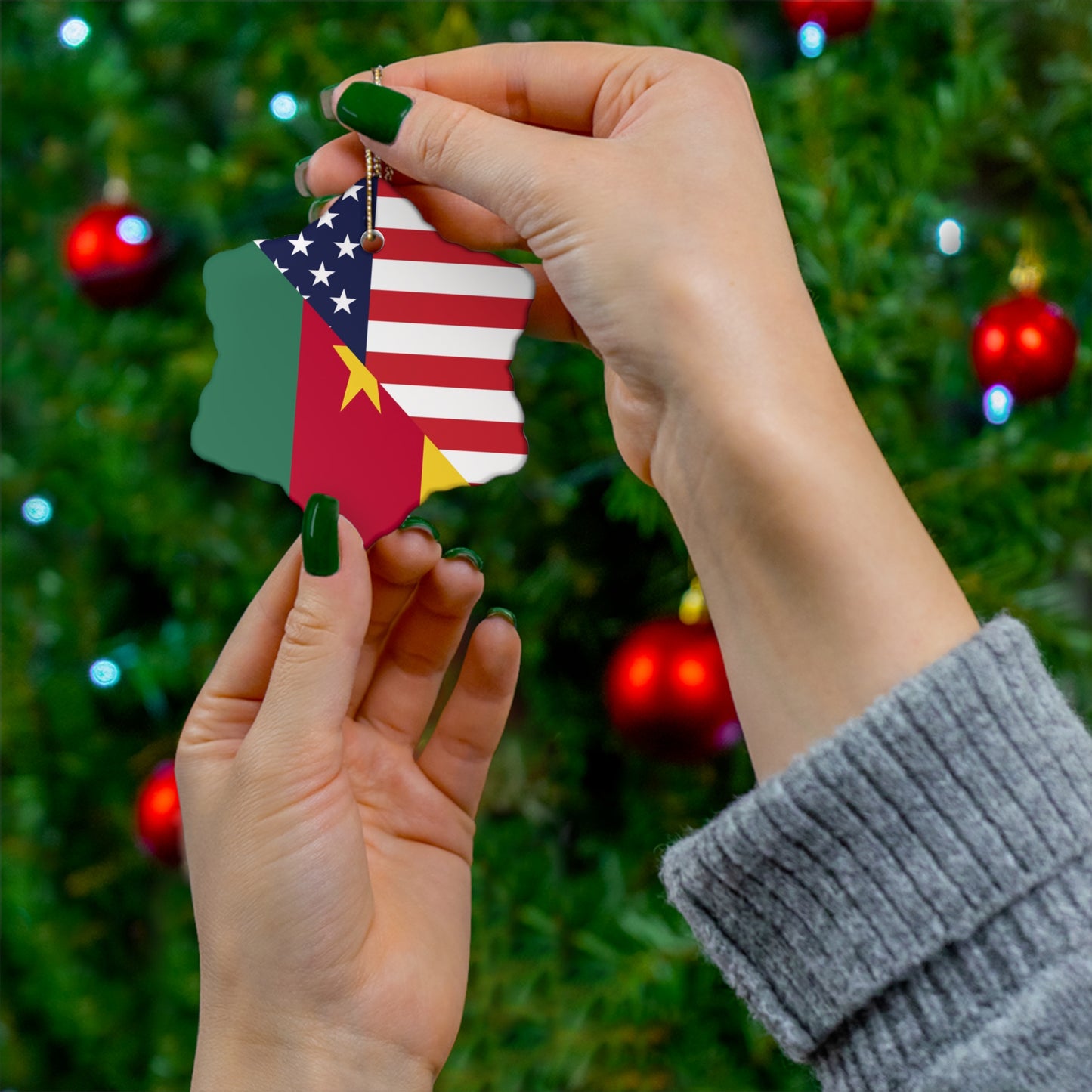 Cameroon American Flag Cameroonian USA Ceramic Ornament | Christmas Tree Ornaments