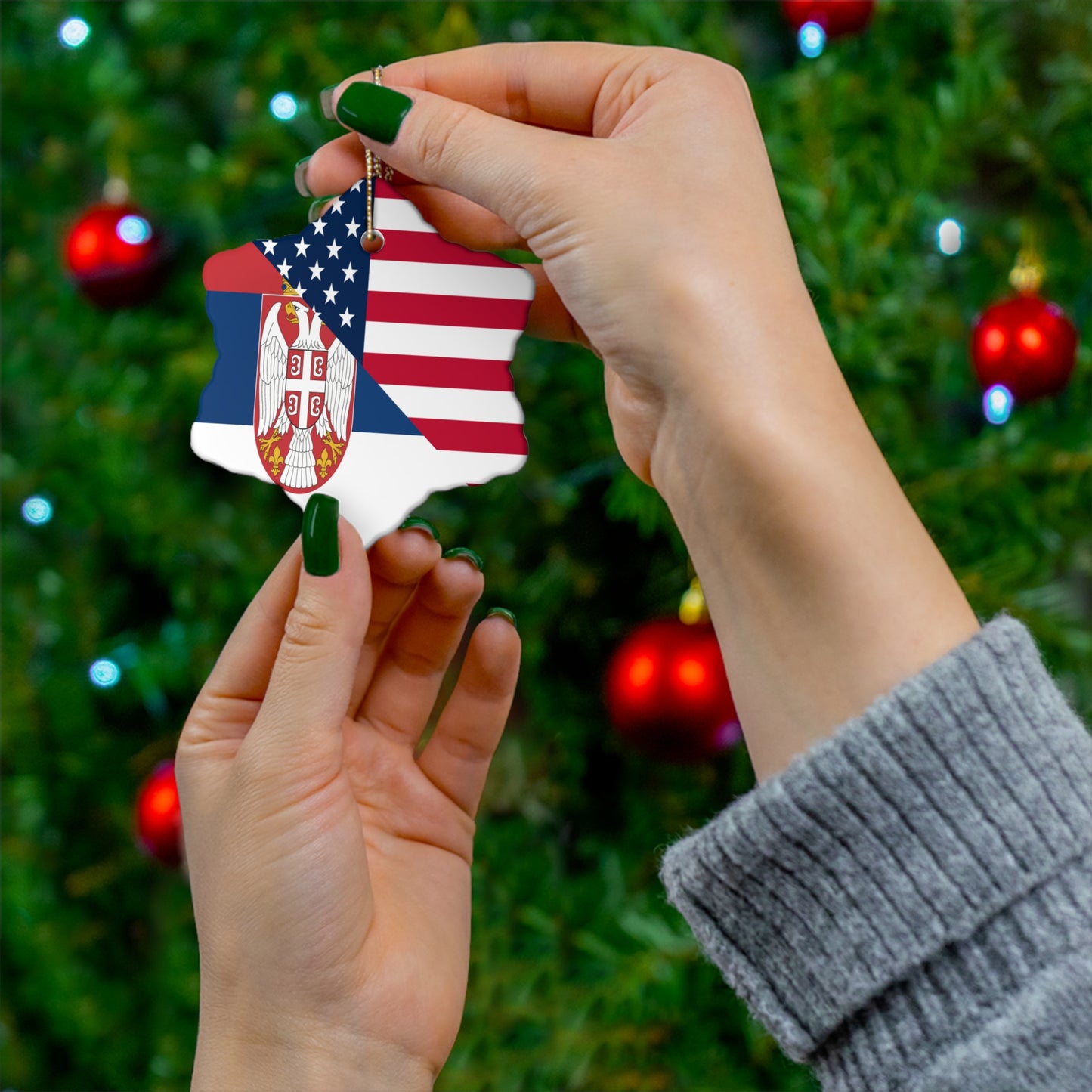 Serbian American Flag Half Serbia USA Ceramic Ornament | Christmas Tree Ornaments