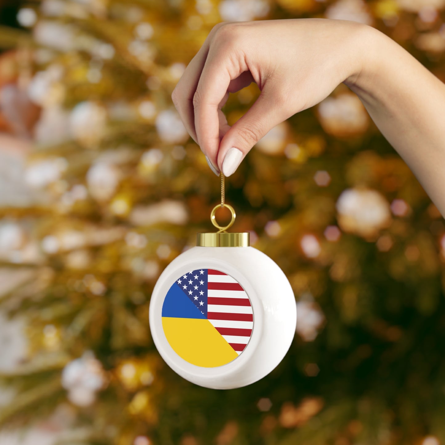 Ukrainian American Flag | Half Ukraine USA Christmas Tree Ball Ornament