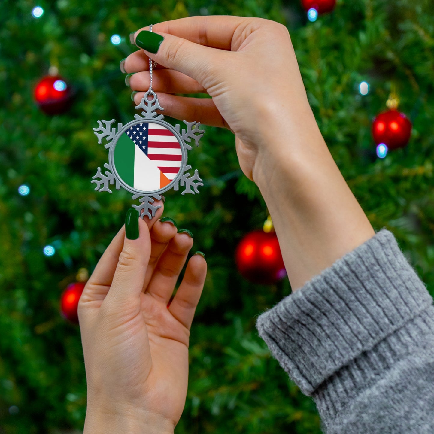 Irish American Flag Half Ireland USA Pewter Snowflake Ornament