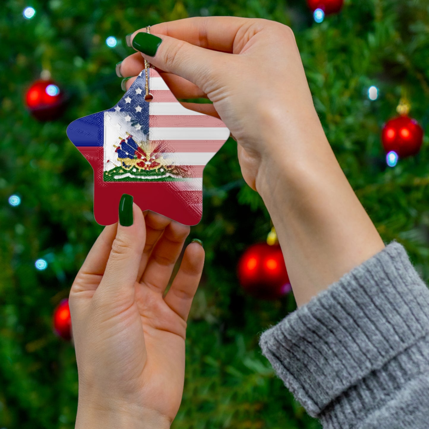 Haiti America Flag Painted | Half Haitian American Flag Ceramic Ornament | Christmas Tree Ornaments