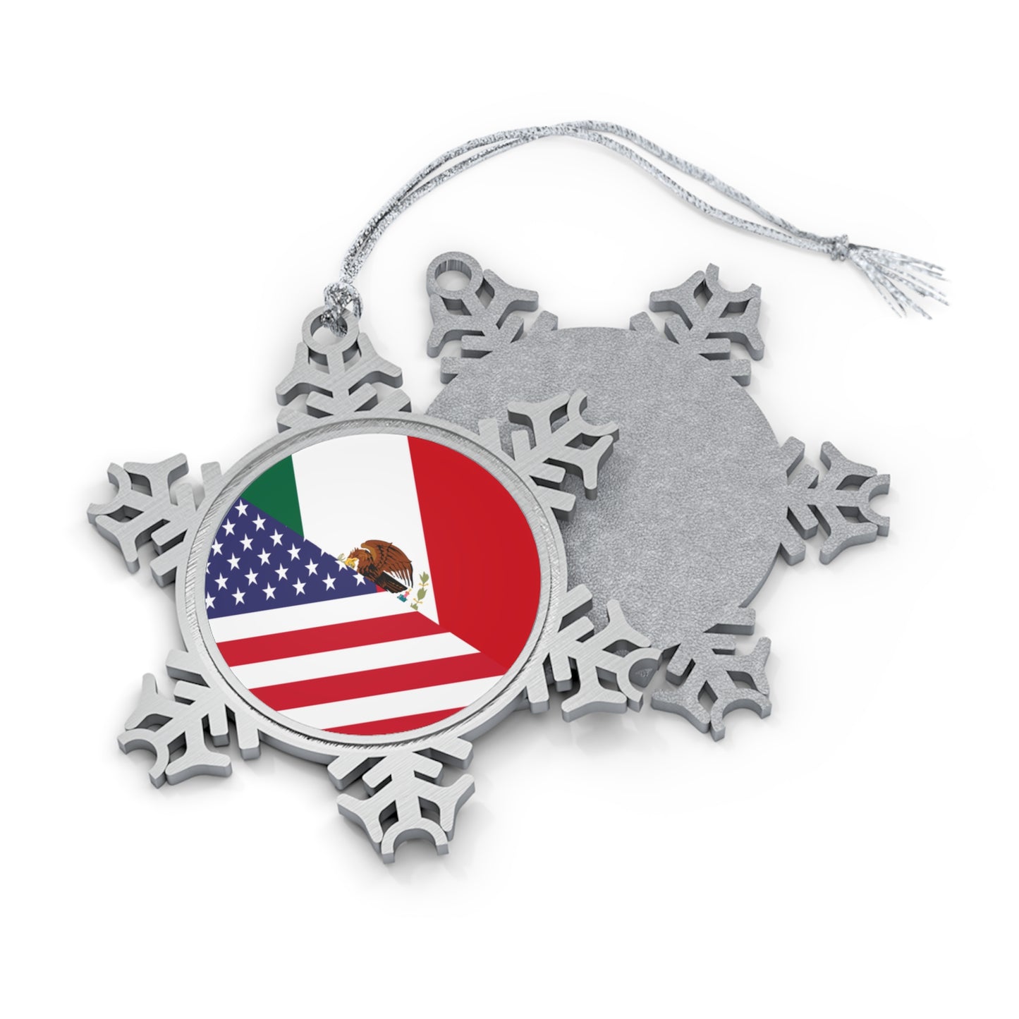 Mexico America Flag | Half US Mexican Pewter Snowflake Ornament