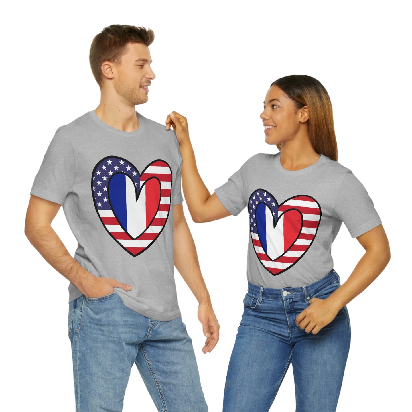 French American Heart Valentines Day Gift Tee Shirt | Half France USA Flag T-Shirt