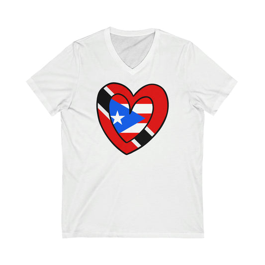 Puerto Rican Trini Heart Valentines Day Gift Half PR Trinidad Flag V-Neck T-Shirt | Unisex Vee Shirt