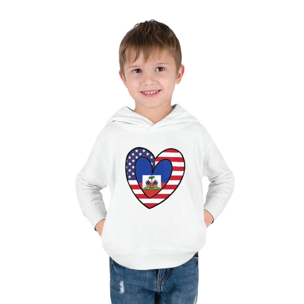 Toddler American Haitian Flag Heart Pullover Fleece Hoodie | Haiti USA