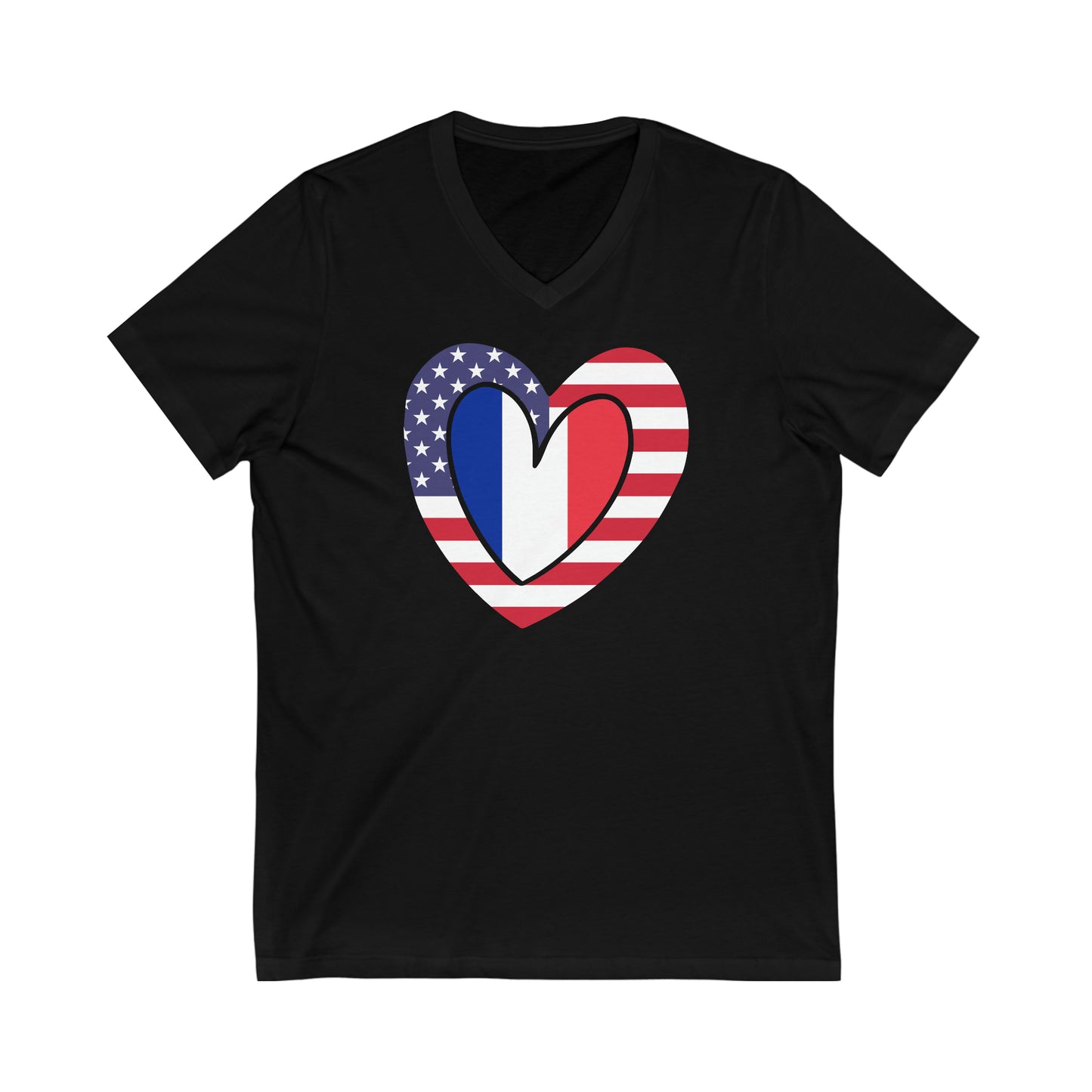 French American Heart Valentines Day Gift Half France USA Flag V-Neck T-Shirt | Unisex Vee Shirt