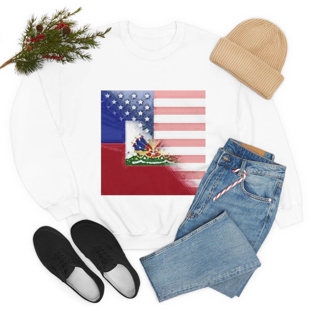 Half Haitian-American Flag Crewneck Sweatshirt | Haiti Ayiti USA