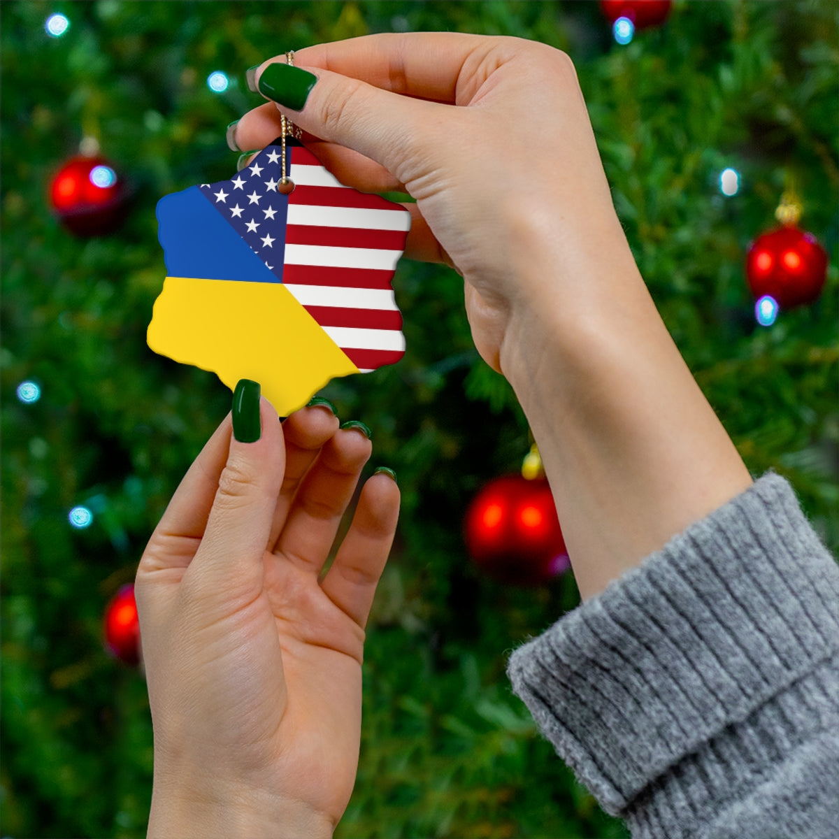 Ukraine American Flag Ceramic Ornaments | Ukrainian USA Holiday Christmas Tree