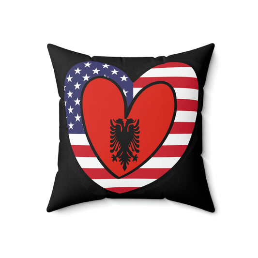 Albanian American Heart Valentines Day Gift Half Albania USA Flag Spun Polyester Square Pillow