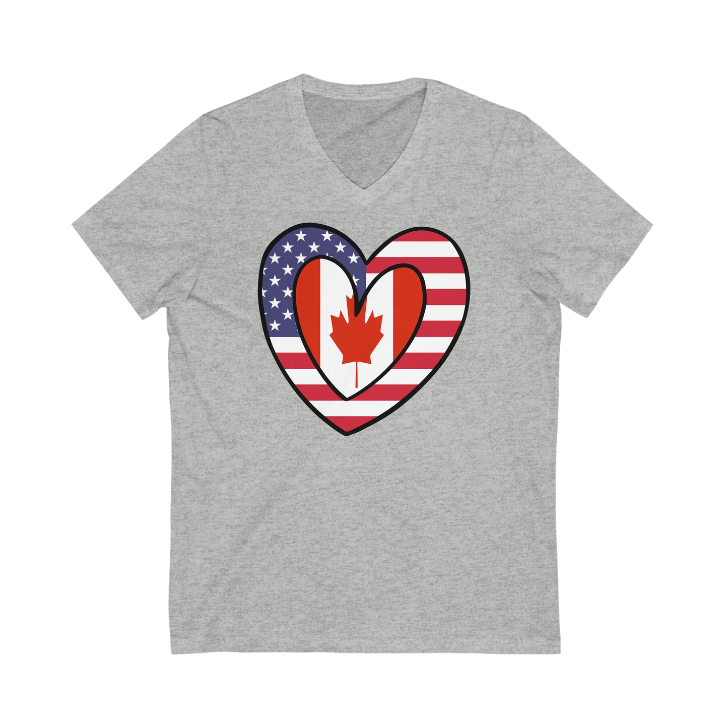 Canadian American Heart Valentines Day Gift Half Canada USA Flag V-Neck T-Shirt | Unisex Vee Shirt