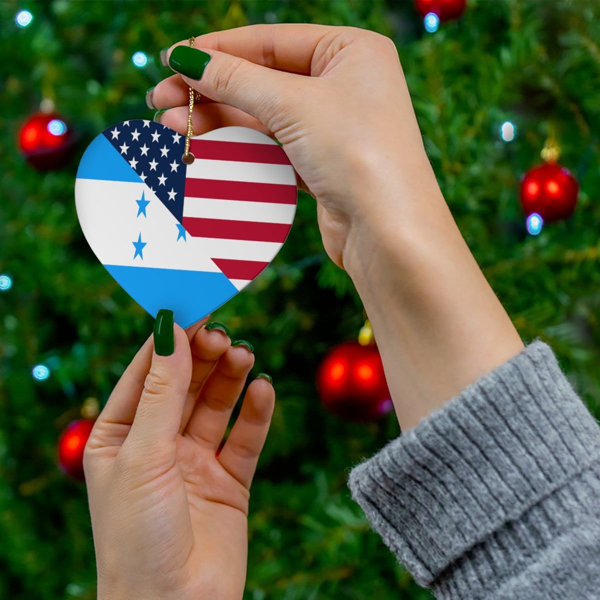 Honduran American Flag Ceramic Ornaments | Honduras USA Holiday Christmas Tree