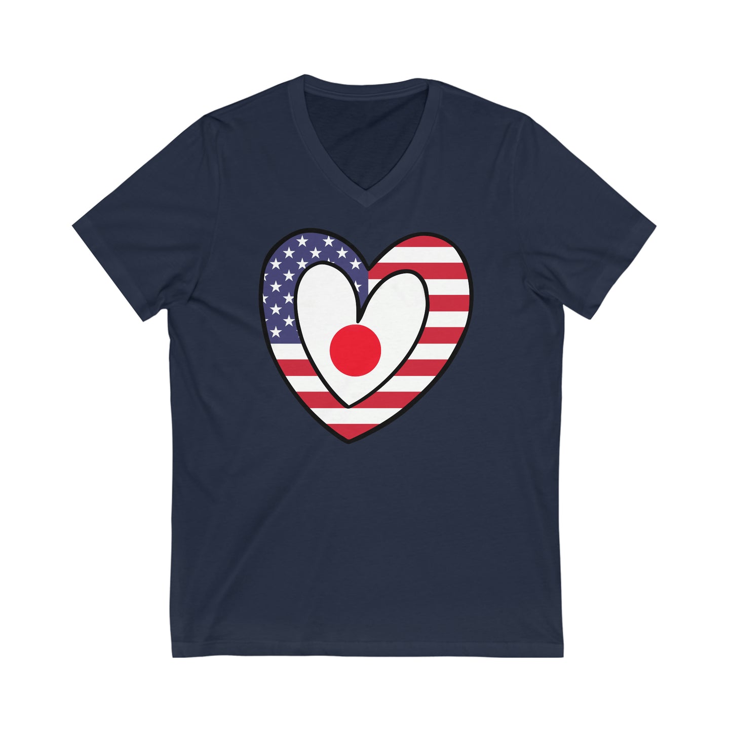 Japanese American Heart Valentines Day Gift Half Japan USA Flag V-Neck T-Shirt | Unisex Vee Shirt