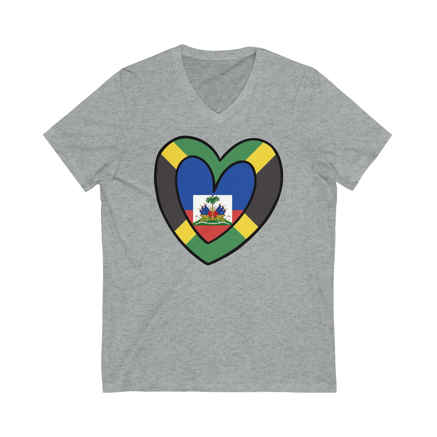 Jamaican Haitian Flag Inner Heart Jamaica Haiti  V-Neck T-Shirt | Unisex Vee Shirt