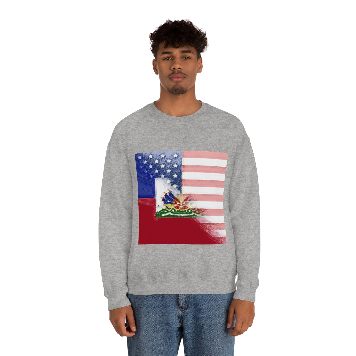 Half Haitian-American Flag Crewneck Sweatshirt | Haiti Ayiti USA