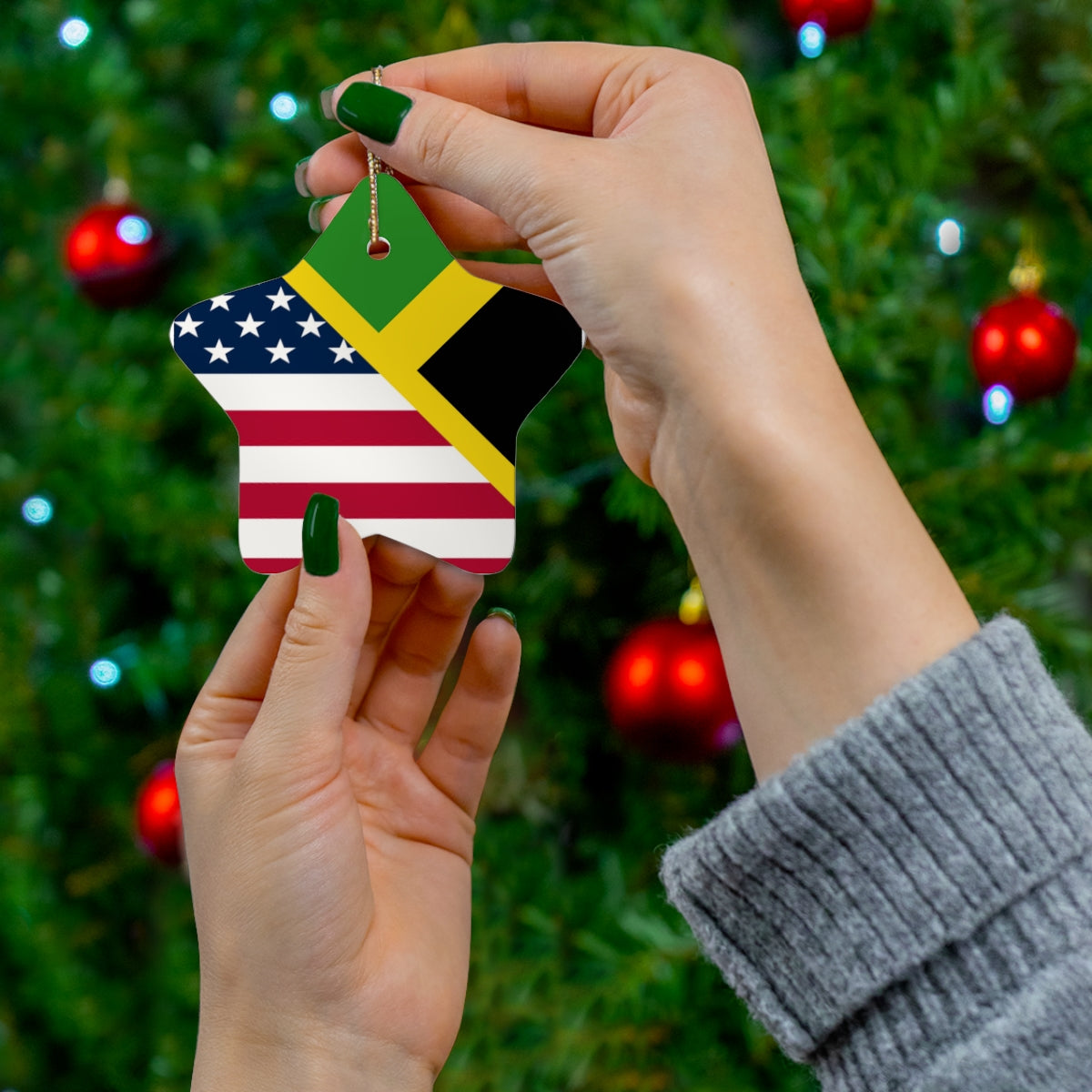 Jamaica American Flag Ceramic Ornaments | Jamaican USA Holiday Christmas Tree