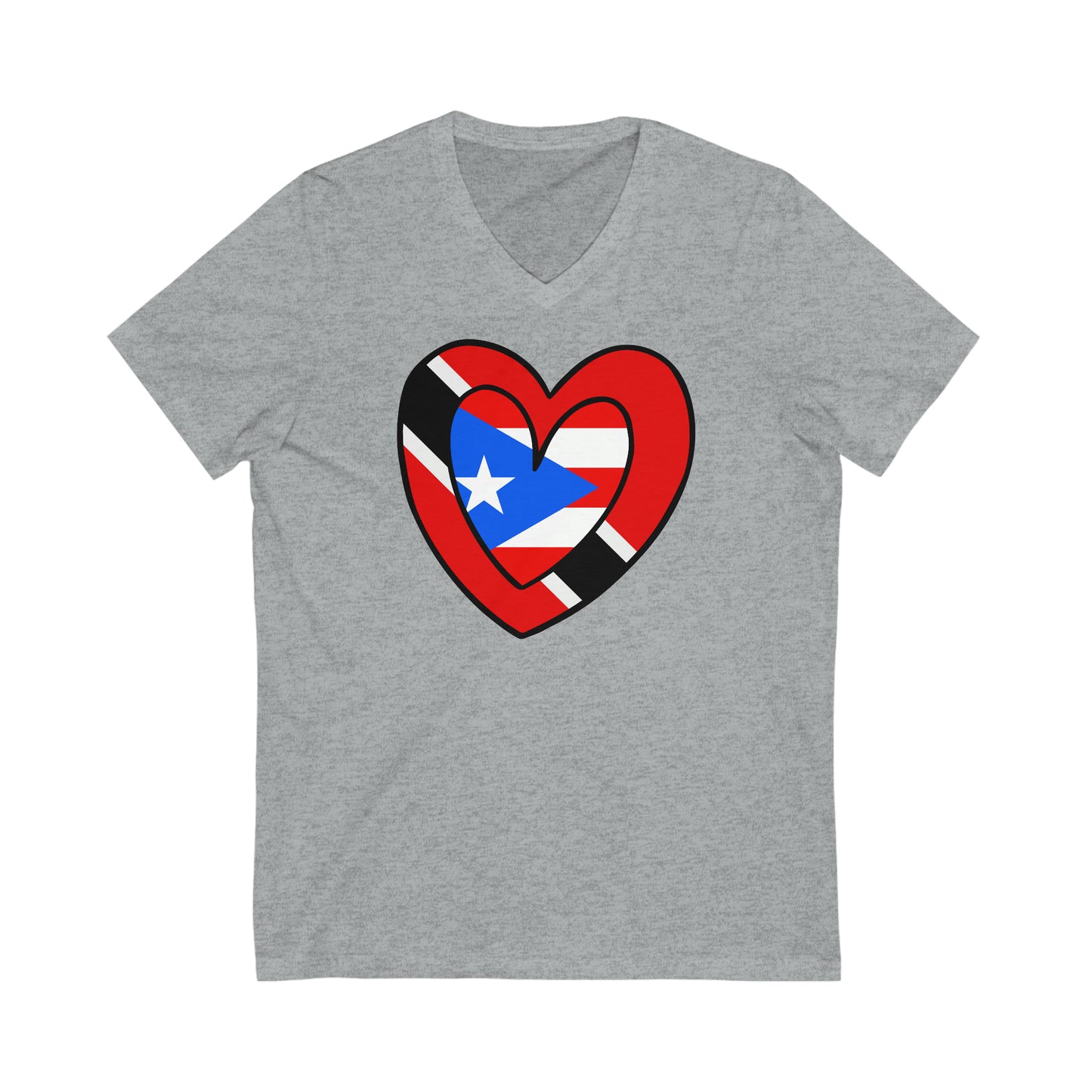 Puerto Rican Trini Heart Valentines Day Gift Half PR Trinidad Flag V-Neck T-Shirt | Unisex Vee Shirt