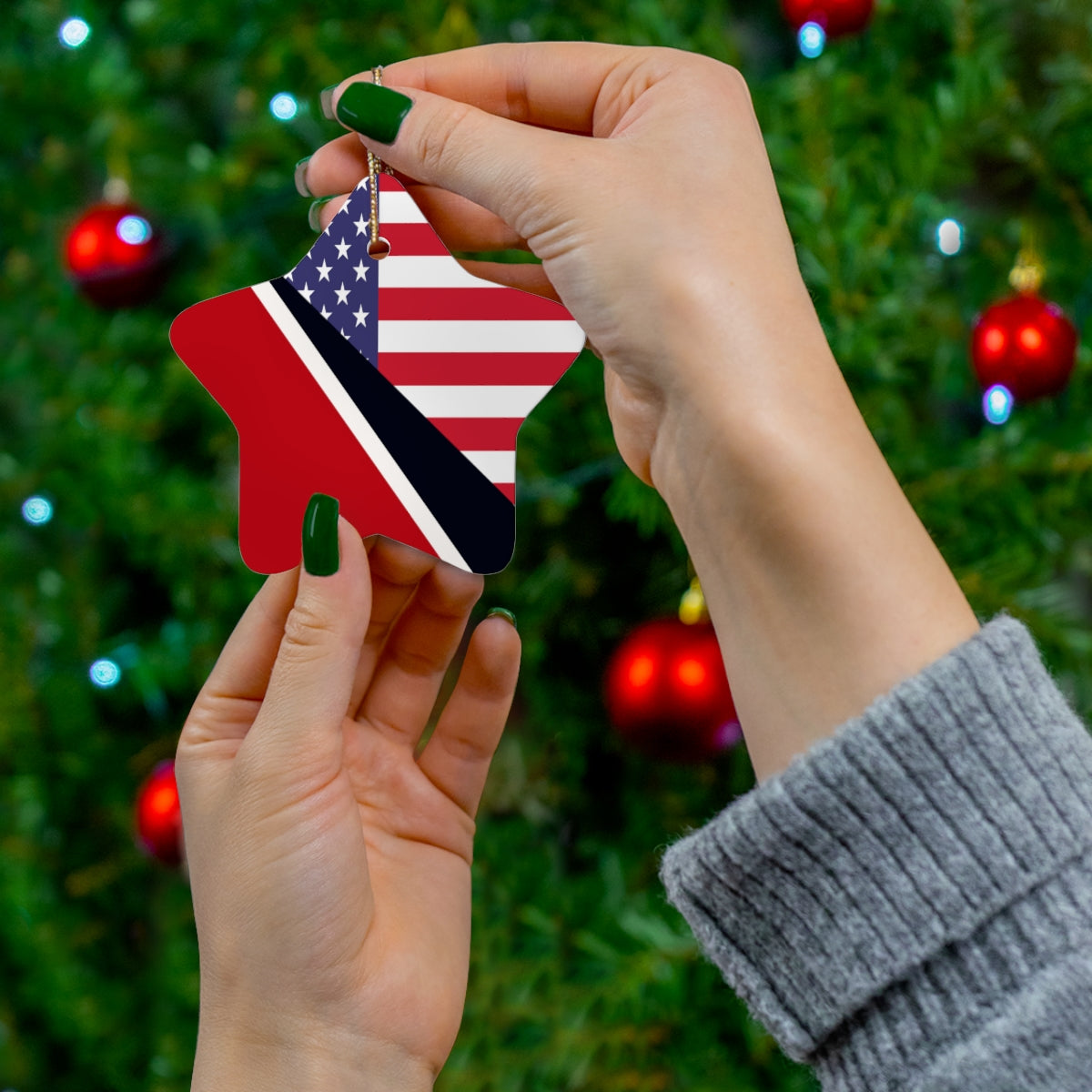 Trini American Flag Ceramic Ornaments | Trinidad USA Holiday Christmas Tree