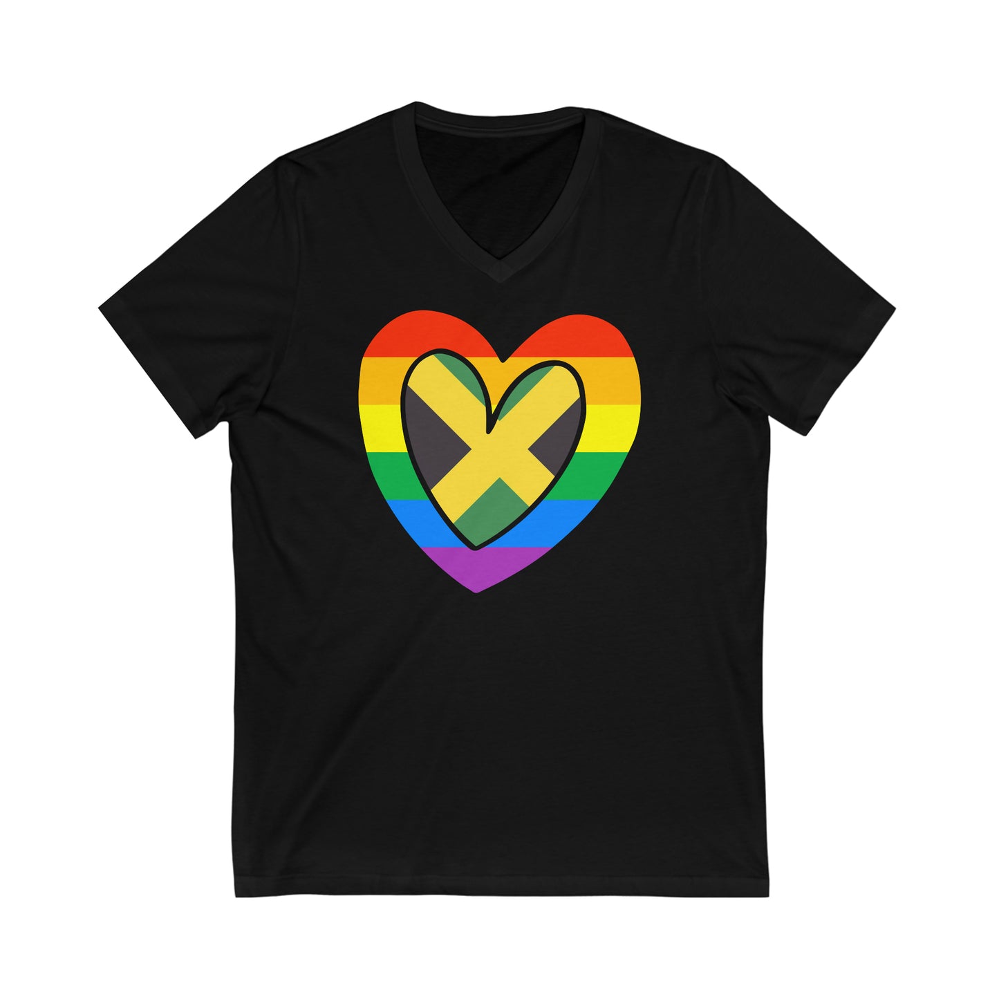 Jamaican Rainbow Flag Heart Jamaica Pride Month V-Neck T-Shirt | Unisex Vee Shirt