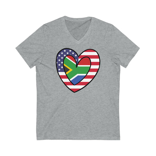 South African American Heart Valentines Day Gift Half Africa USA Flag V-Neck T-Shirt | Unisex Vee Shirt