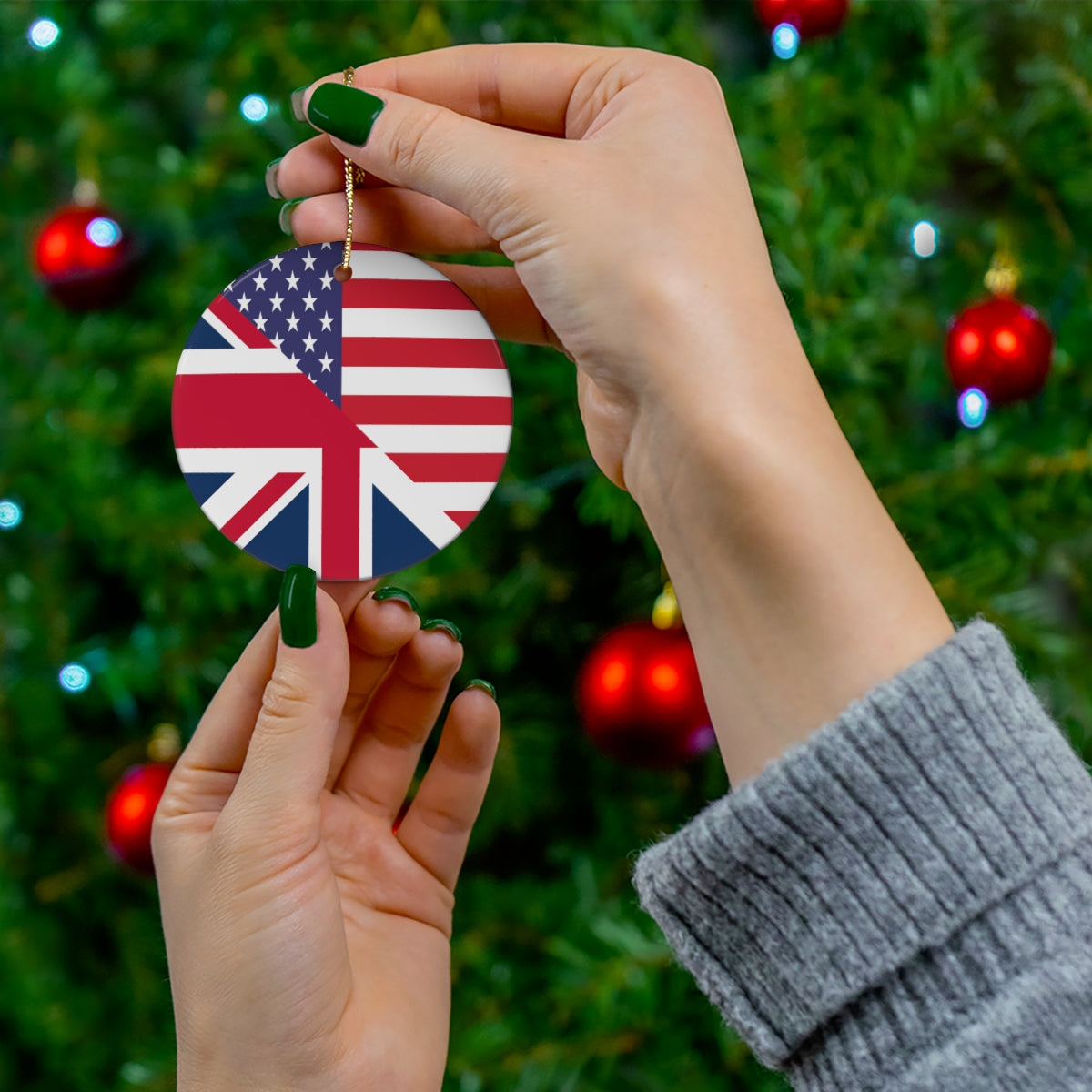 UK American Flag Ceramic Ornaments | United Kingdom USA Holiday Christmas Tree