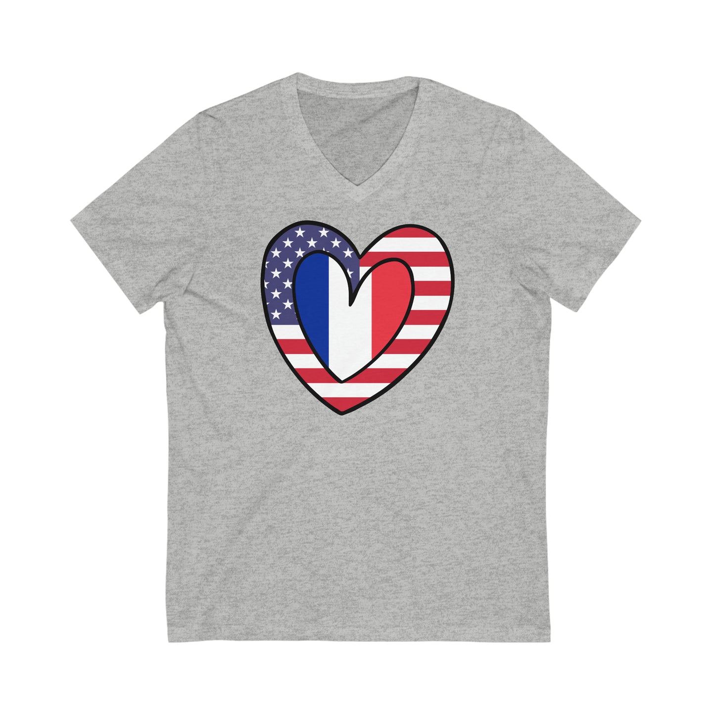 French American Heart Valentines Day Gift Half France USA Flag V-Neck T-Shirt | Unisex Vee Shirt