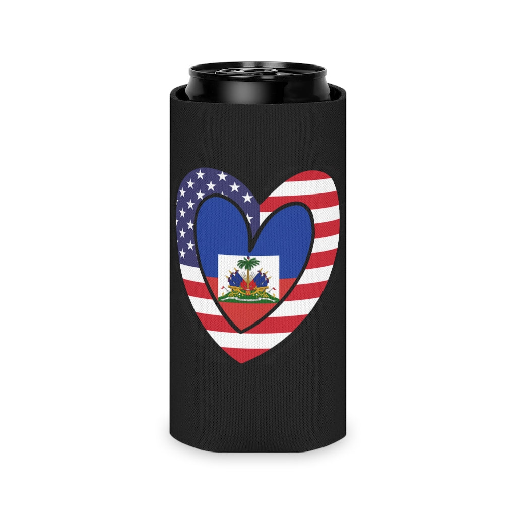 Haitian American Flag Heart Can Cooler | Haiti USA Drink Cosy