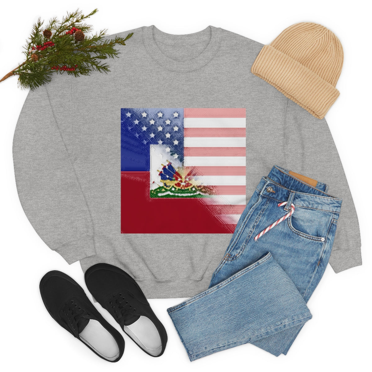 Half Haitian-American Flag Crewneck Sweatshirt | Haiti Ayiti USA