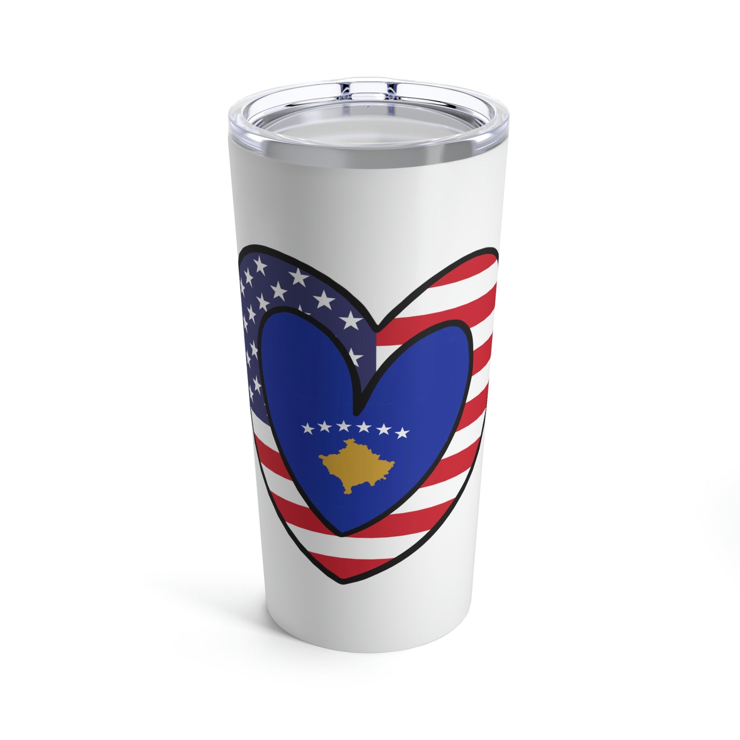 Kosovar American Heart Valentines Day Gift Half Kosovo USA Flag Tumbler 20oz Beverage Container