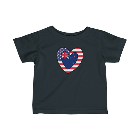 Infant Kiwi American Heart Valentines Day Gift Half New Zealand USA Flag Toddler Tee Shirt