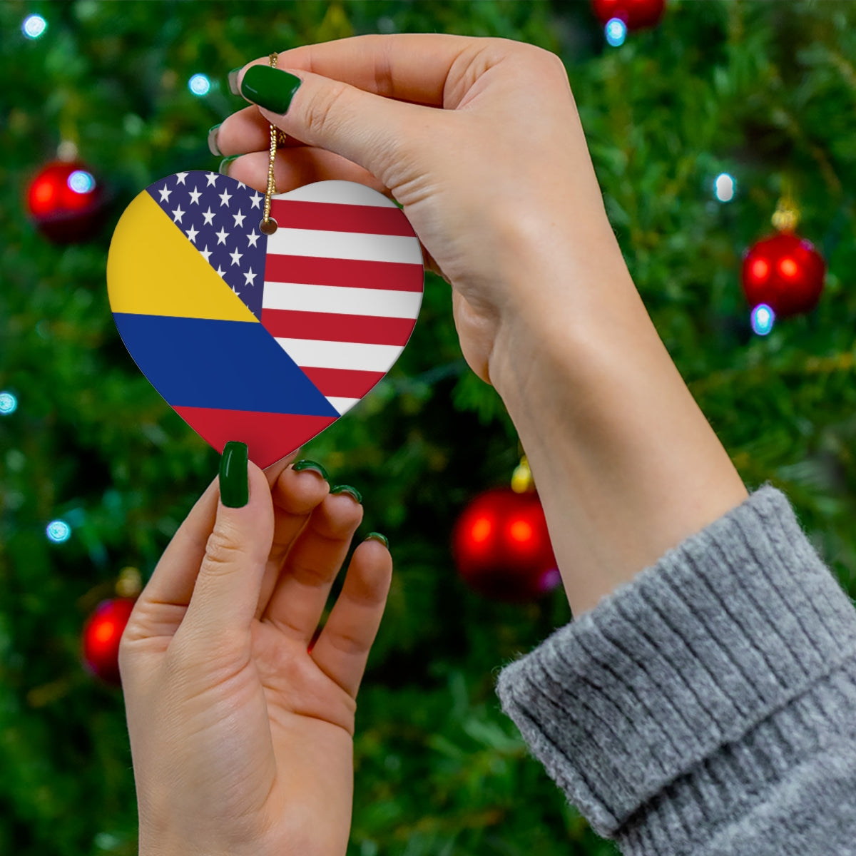 Colombian American Flag Ceramic Ornaments | Colombia USA Holiday Christmas Tree