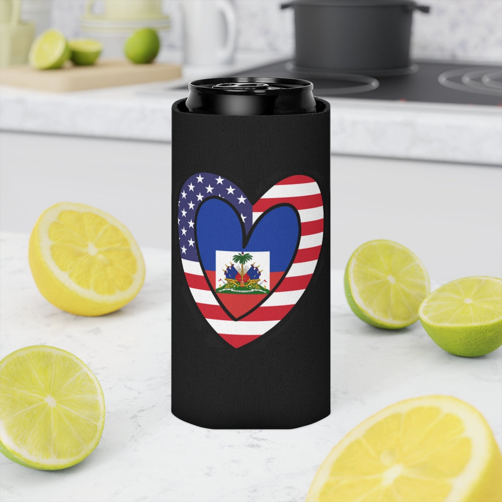 Haitian American Flag Heart Can Cooler | Haiti USA Drink Cosy