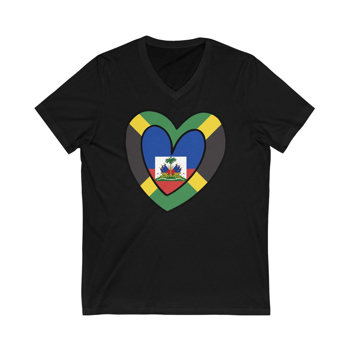 Jamaican Haitian Flag Inner Heart Jamaica Haiti  V-Neck T-Shirt | Unisex Vee Shirt