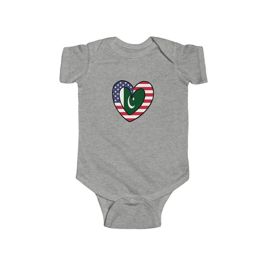 Pakistani American Heart Valentines Day Gift Half Pakistan USA Flag Baby Bodysuit | Newborn Boy Girl