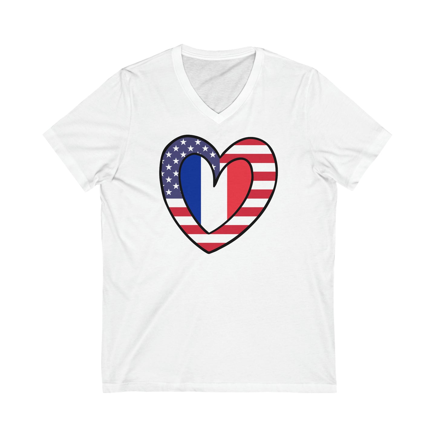 French American Heart Valentines Day Gift Half France USA Flag V-Neck T-Shirt | Unisex Vee Shirt