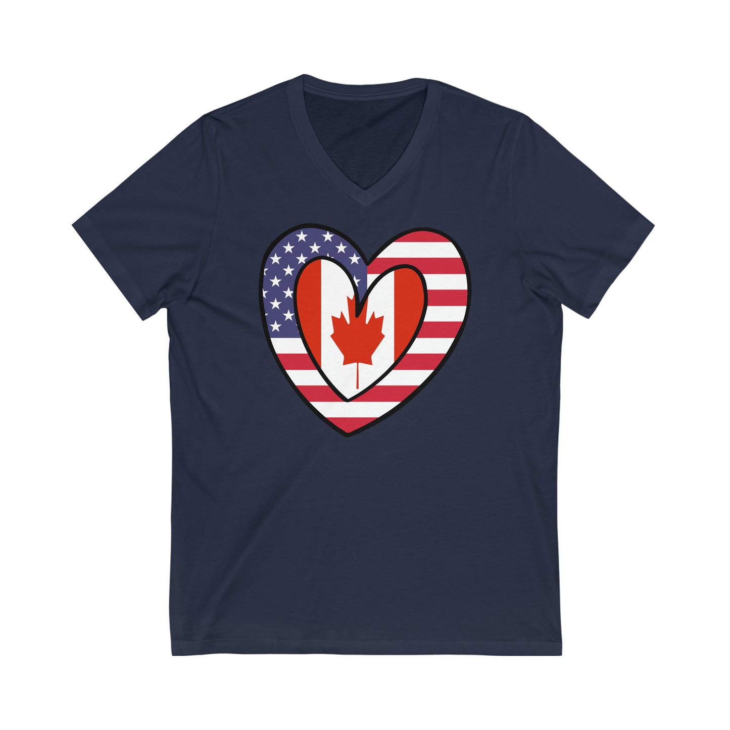 Canadian American Heart Valentines Day Gift Half Canada USA Flag V-Neck T-Shirt | Unisex Vee Shirt