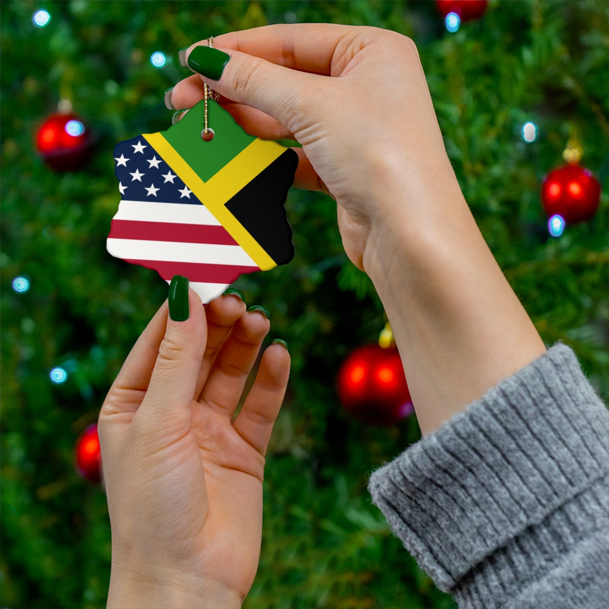 Jamaica American Flag Ceramic Ornaments | Jamaican USA Holiday Christmas Tree