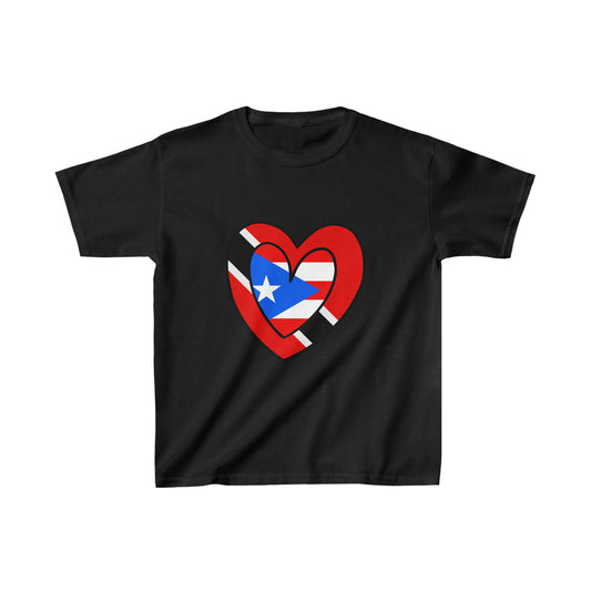 Kids Puerto Rican Trini Heart Valentines Day Gift Half PR Trinidad Flag T-Shirt | Unisex Tee Shirt