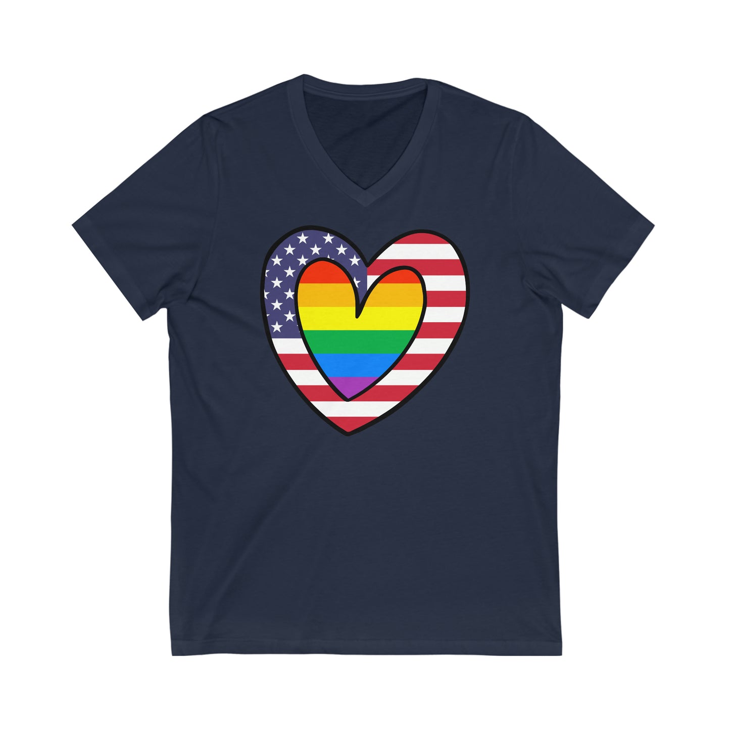 Rainbow American Flag Heart Pride Parade V-Neck T-Shirt | Unisex Vee Shirt