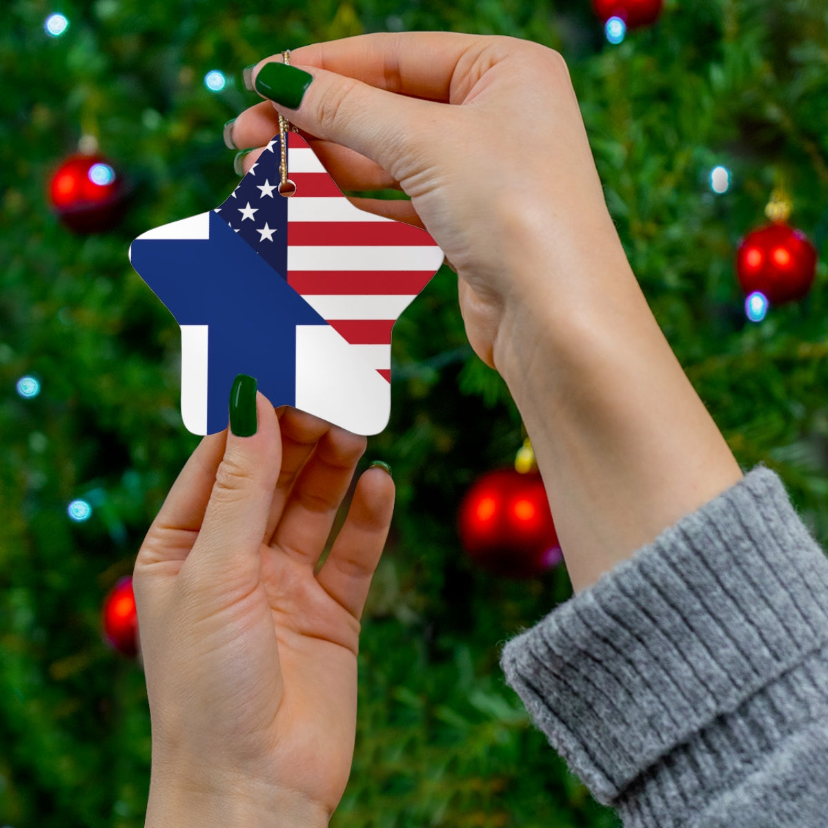 Finnish American Flag Ceramic Ornaments | Finland USA Holiday Christmas Tree