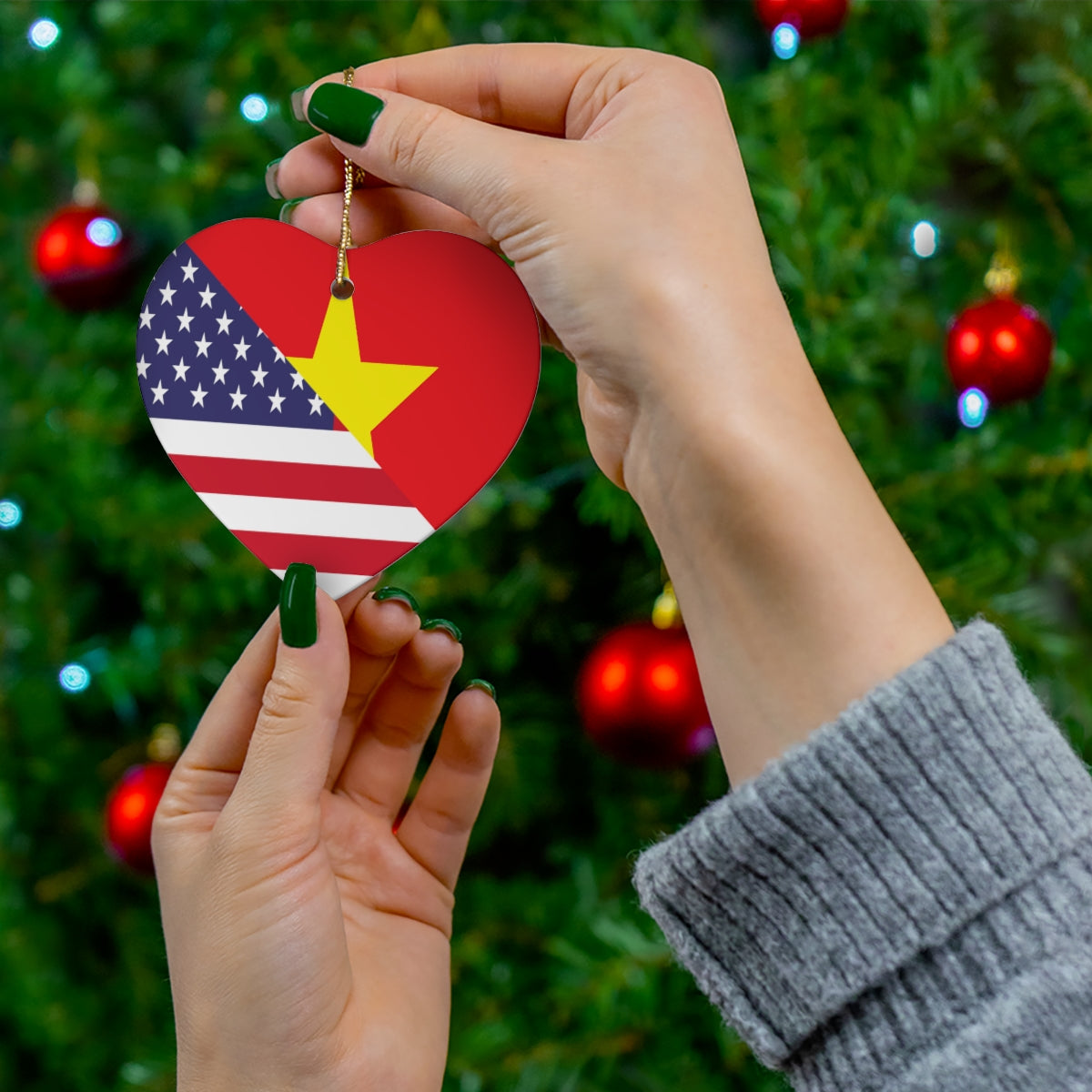 Vietnamese American Flag Ceramic Ornaments | Vietnam USA Holiday Christmas Tree